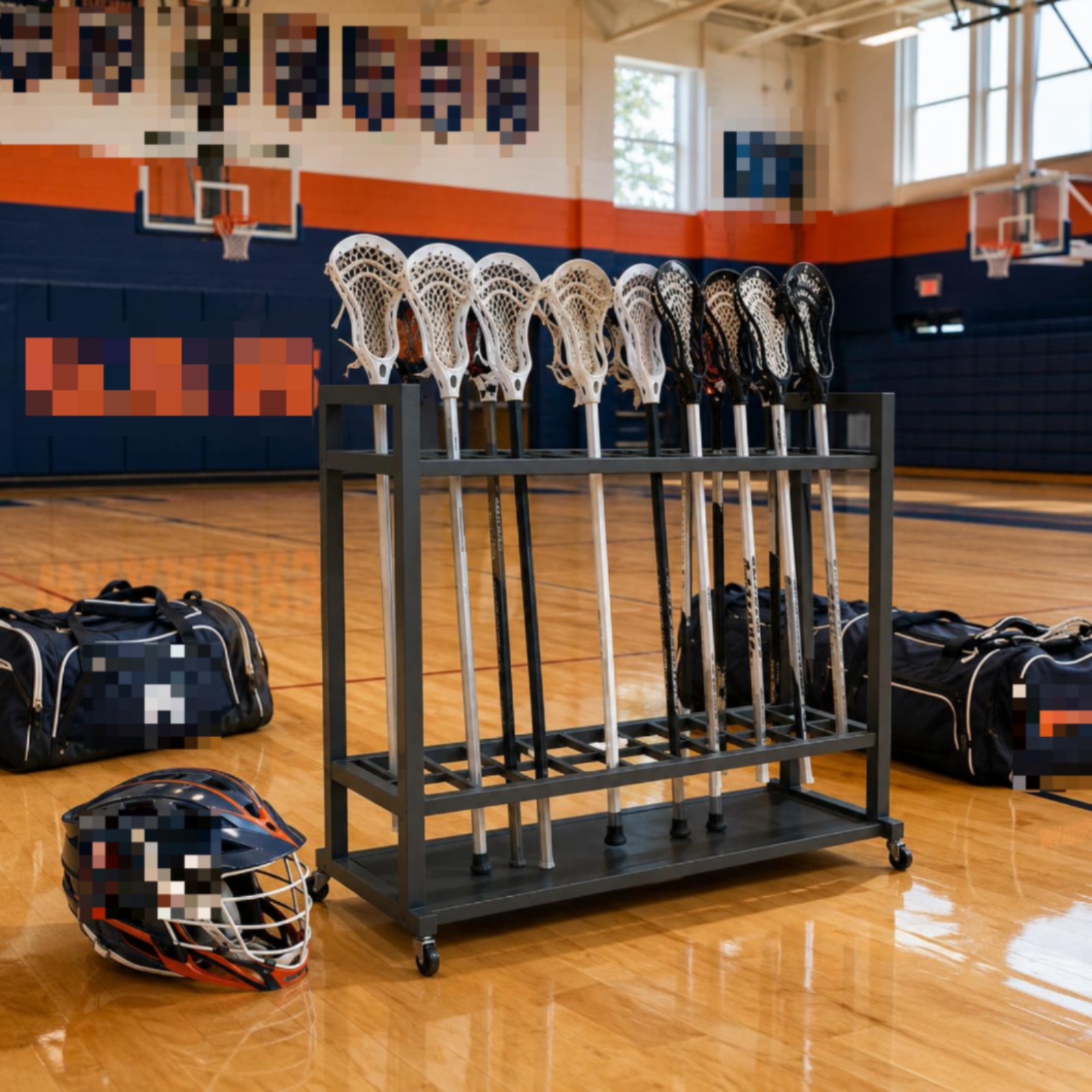 Sports Equipment Locker - Lacrosse Stick Rack Caster Wheels Rolling