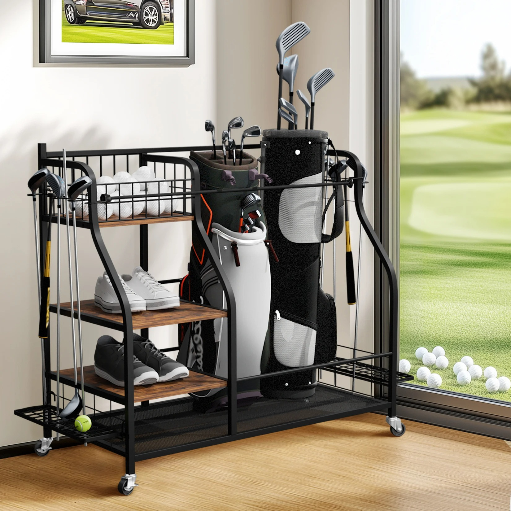 Sports Equipment Types - Multifunctional Rolling Golf Bags Storage Shelf